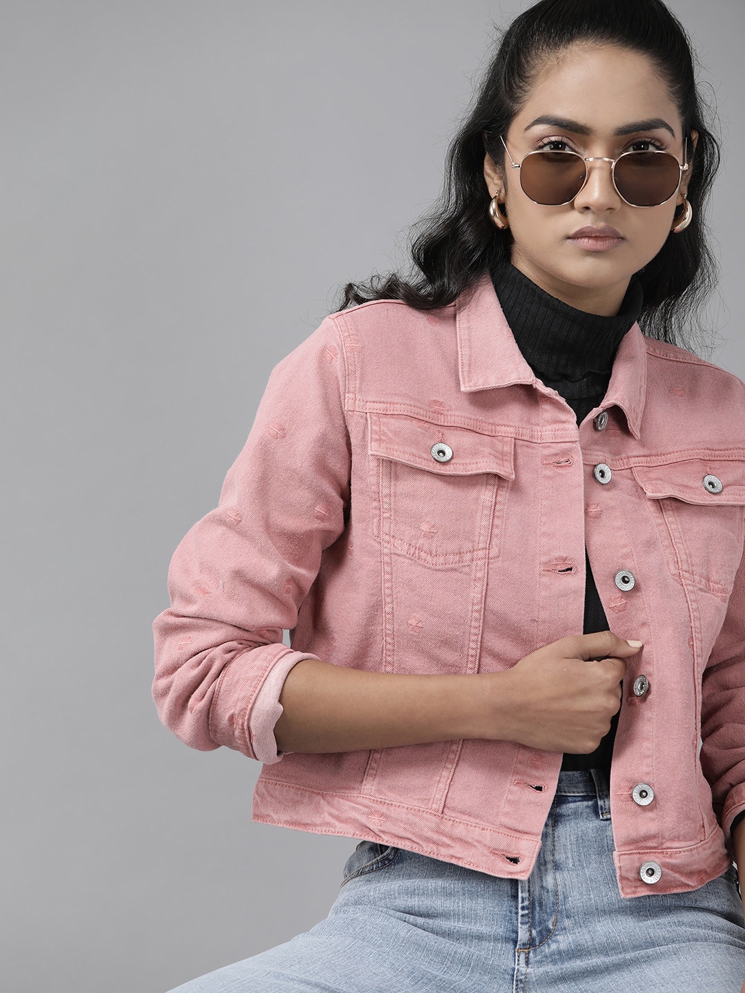 

Roadster Women Pink Pure Cotton Denim Jacket with Floral Embroidery