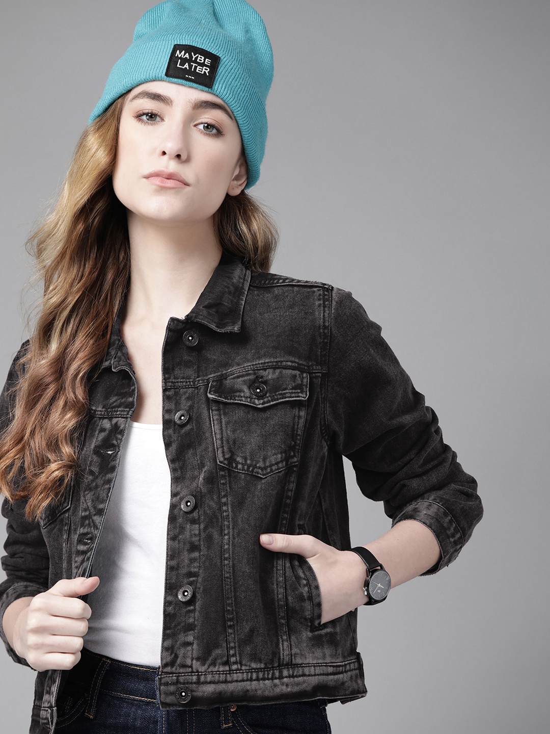 

Roadster Women Black Washed Pure Cotton Denim Jacket
