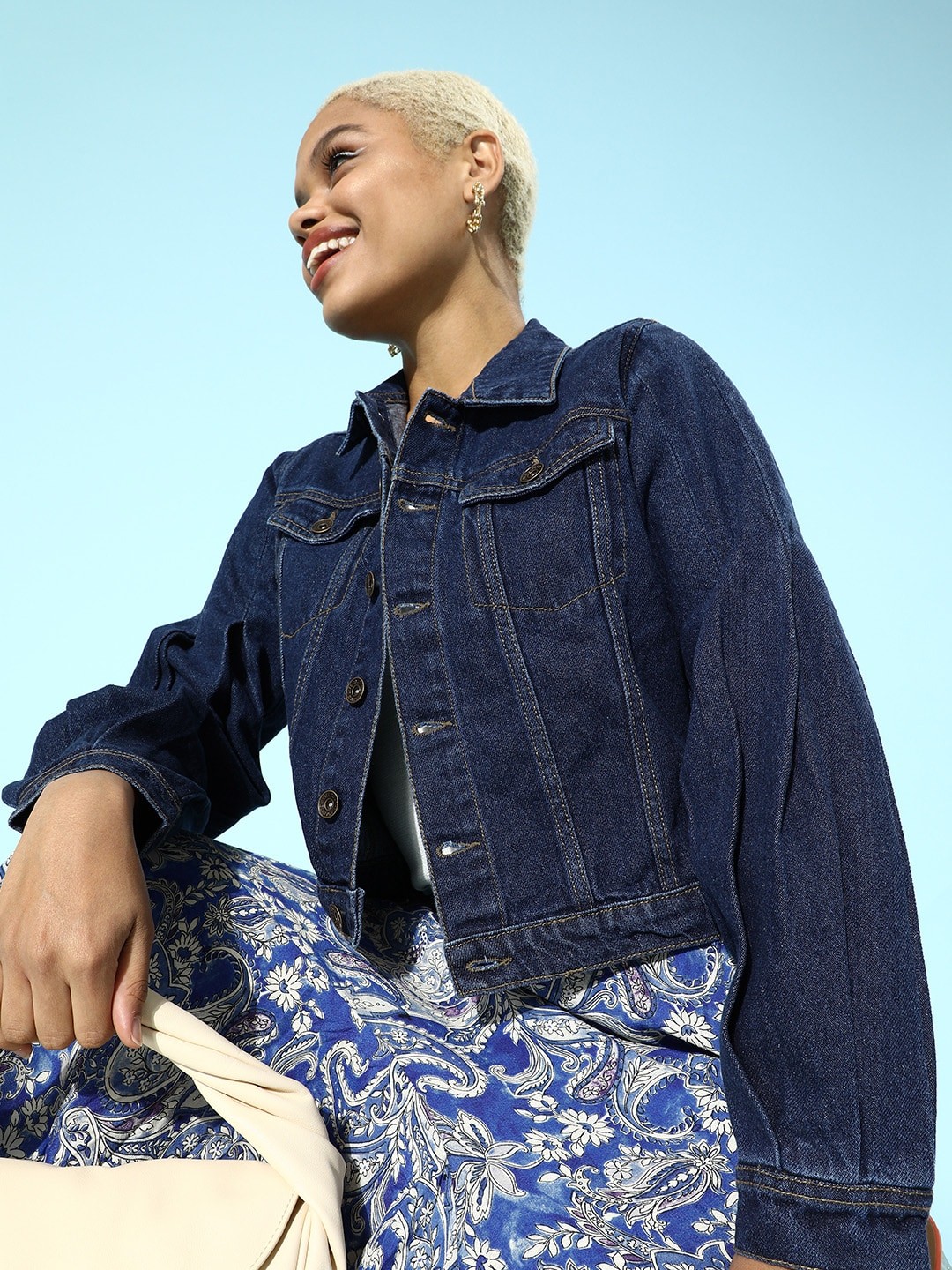 

Roadster Women Deep Navy Blue Solid Denim Trucker Jacket