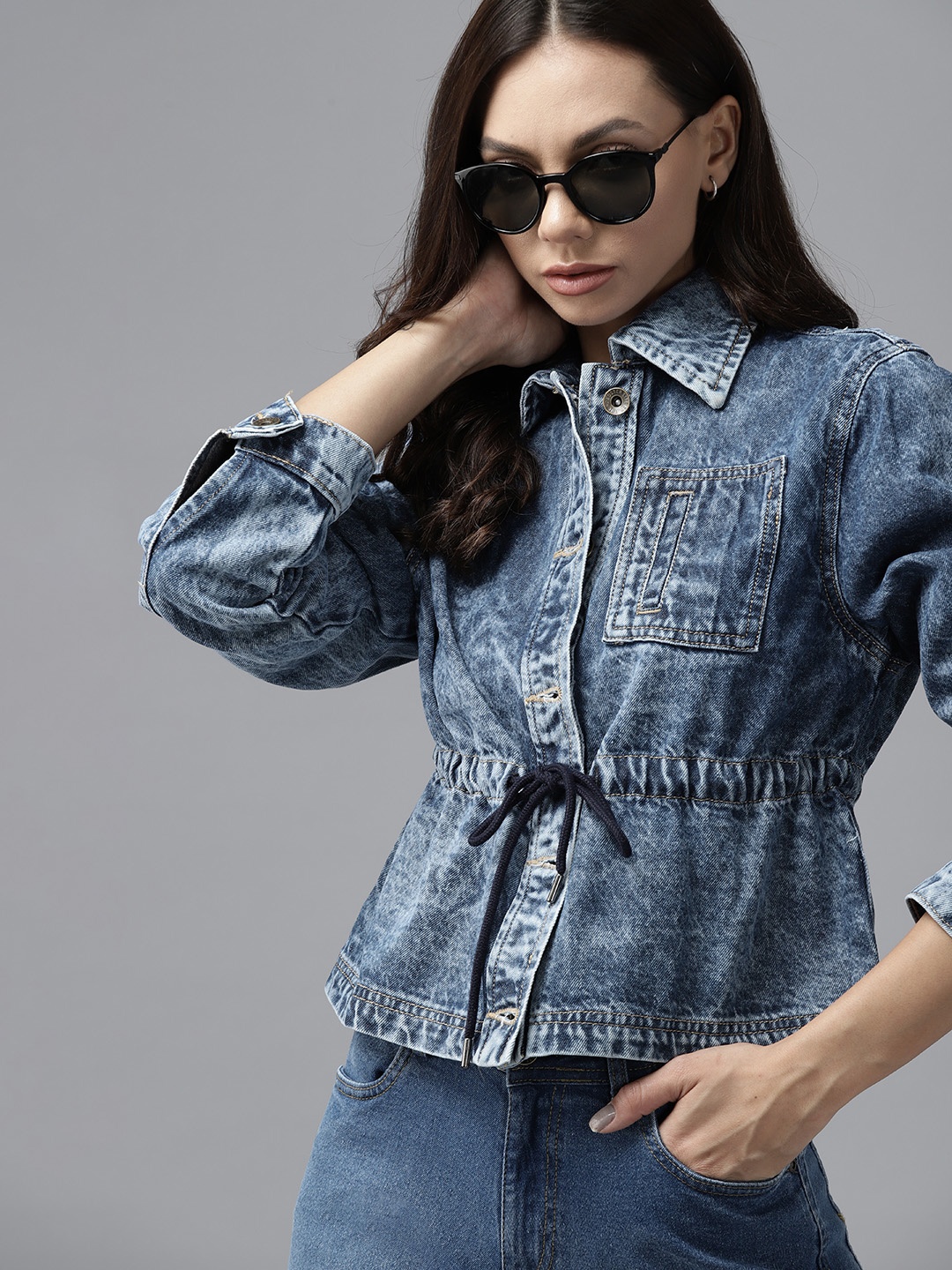 

Roadster Women Blue Cotton Waist Tie-up Denim Jacket