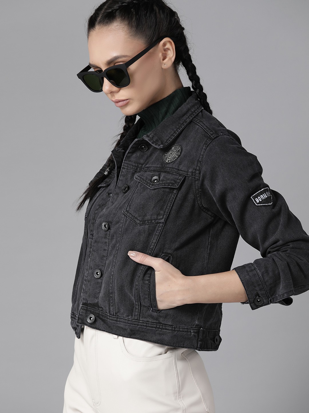 

Roadster Women Black Solid Pure Cotton Denim Jacket