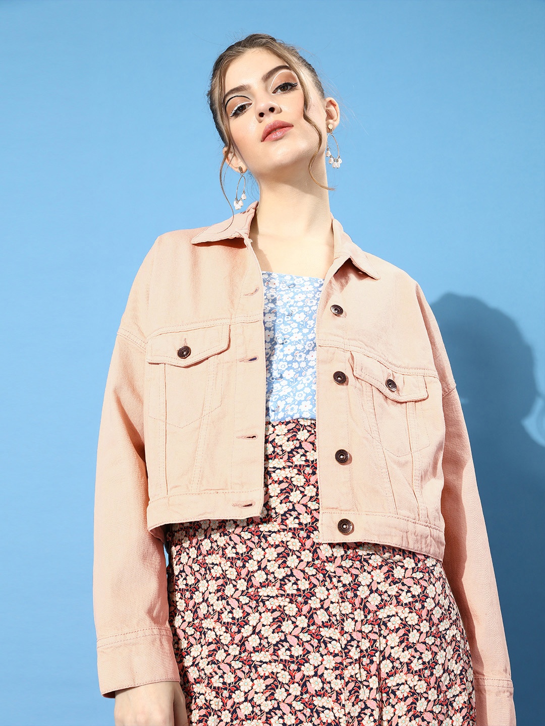 

Roadster Woman Classy Beige Solid Denim Trucker Jacket