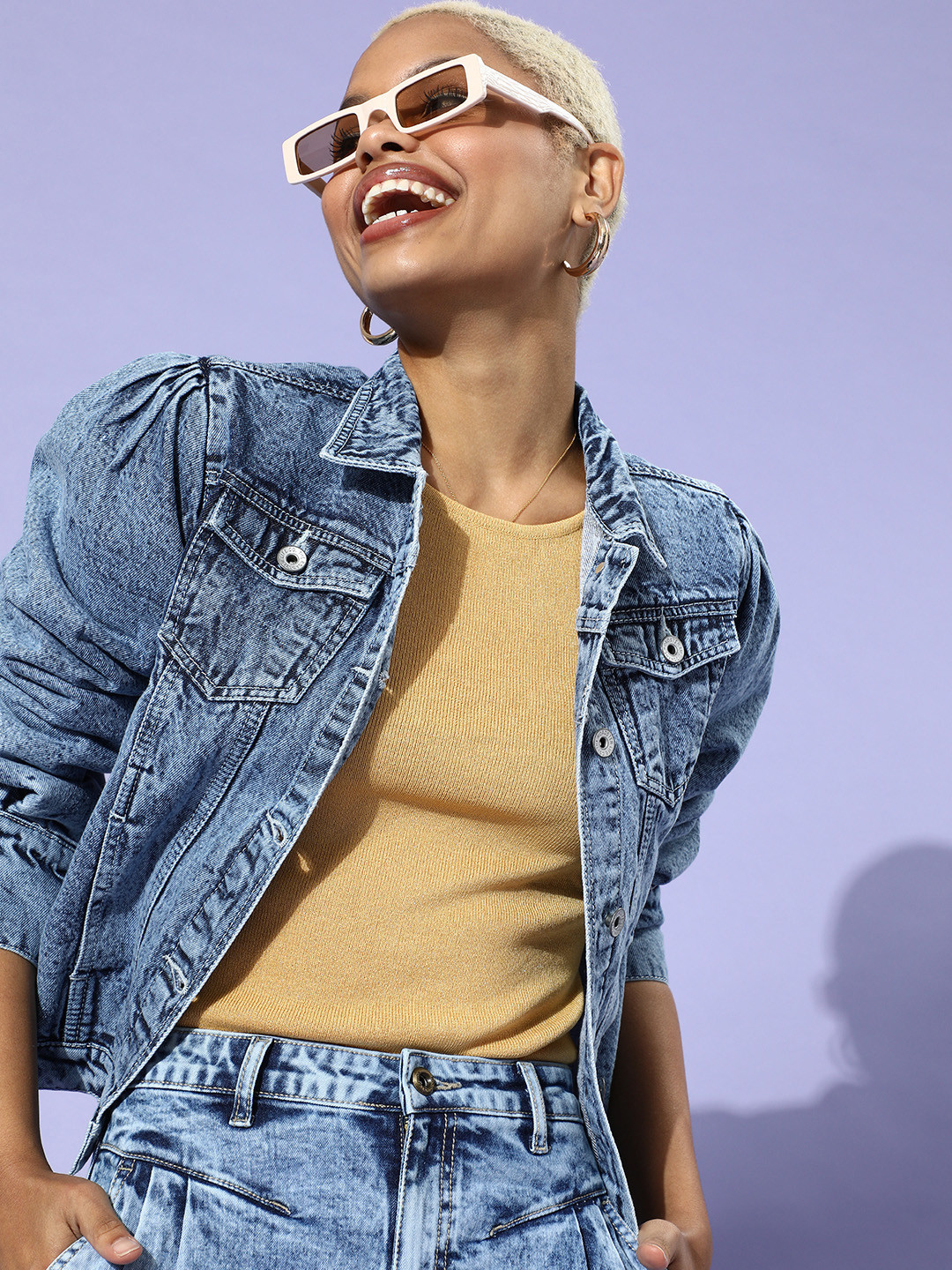 

Roadster Women Blue Solid Denim Trucker Jacket