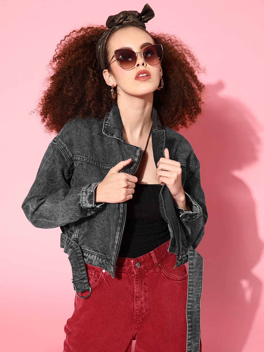 

Roadster Women Charcoal Grey Washed Crop Denim Jacket