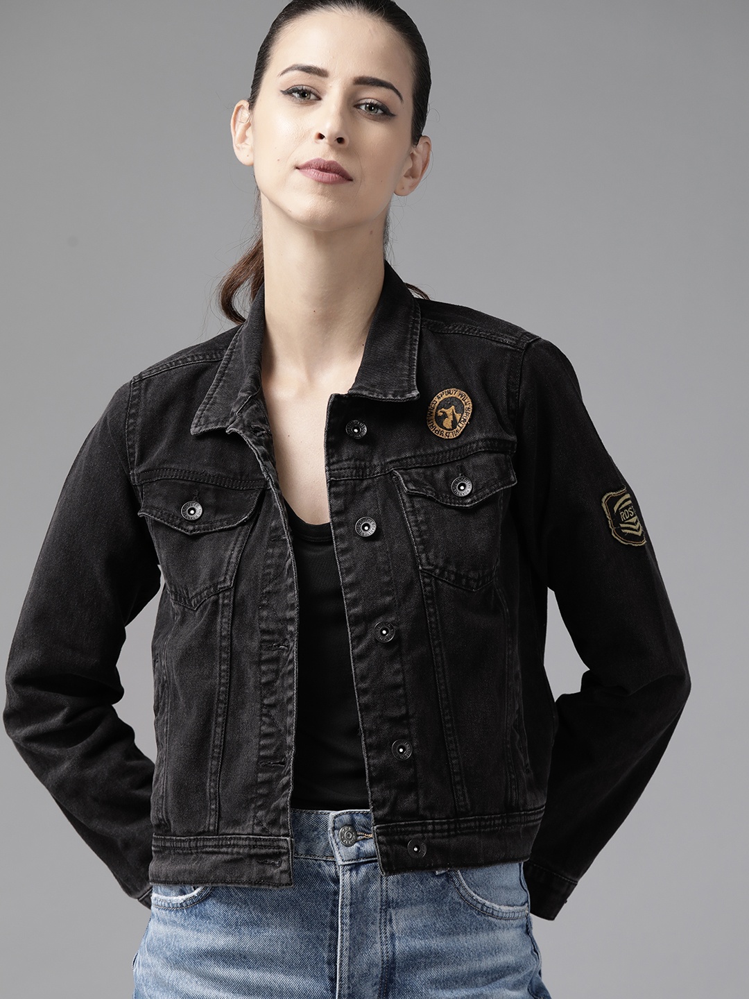 

Roadster Women Black Denim Cotton Trucker Jacket