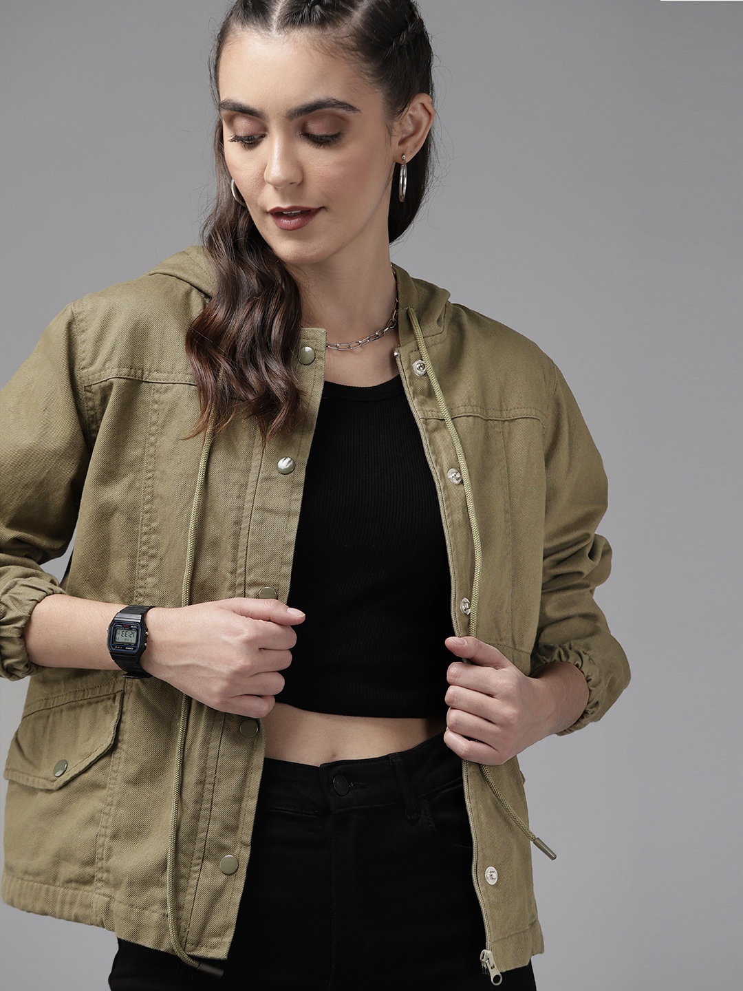 

Roadster Women Olive Green Pure Cotton Hooded Denim Jacket with Adjustable Waist Tie-Up