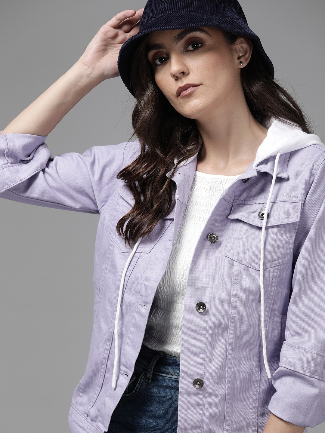 

Roadster Women Lavender Pure Cotton Hooded Denim Jacket