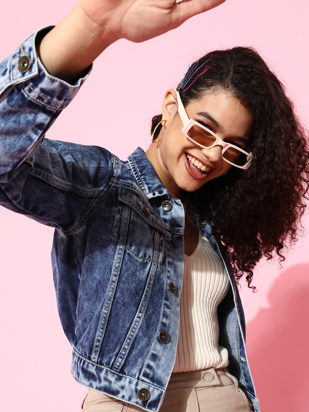 

Roadster Women Blue Solid Cropped Jacket