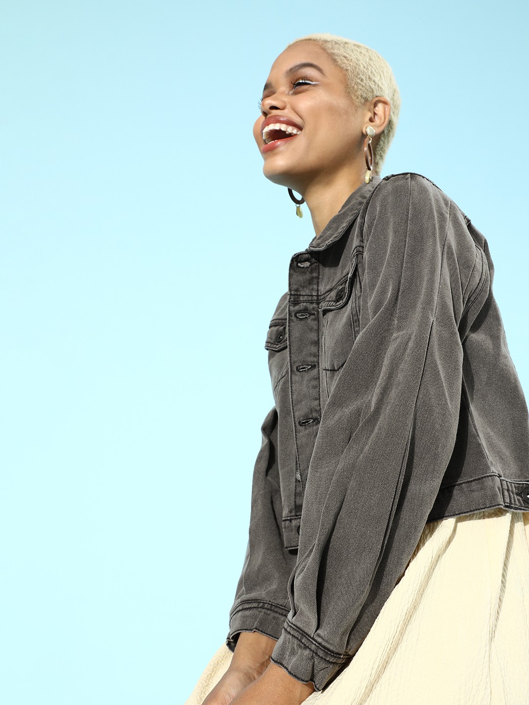 

Roadster Women Alluring Grey Solid Denim Trucker Jacket