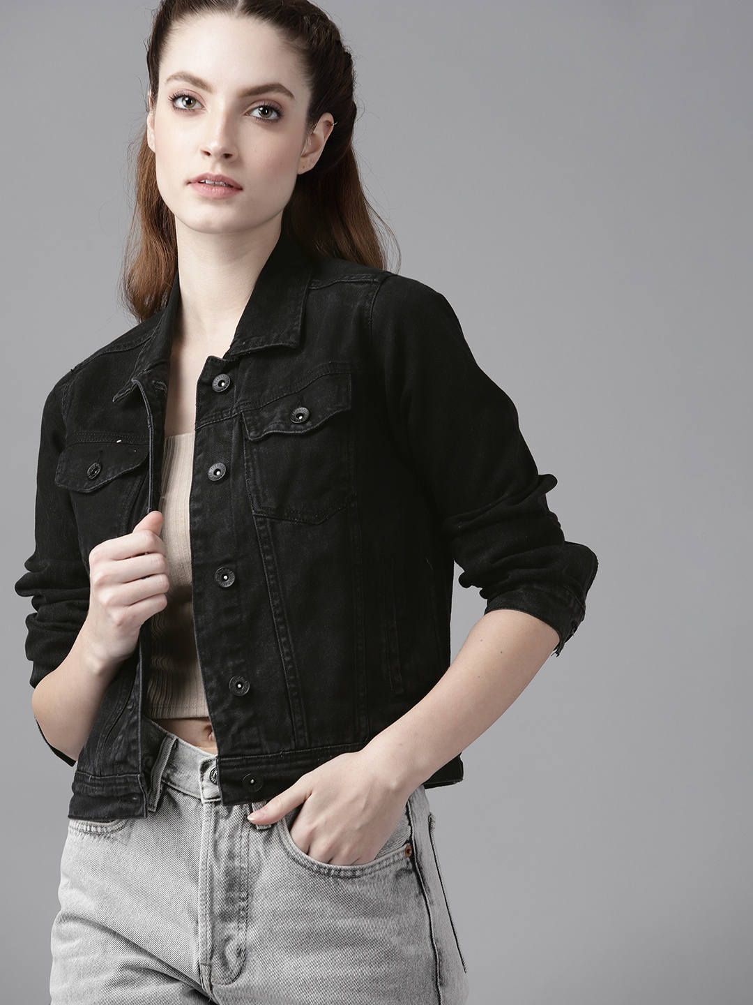 

Roadster Women Black Solid Denim Pure Cotton Jacket