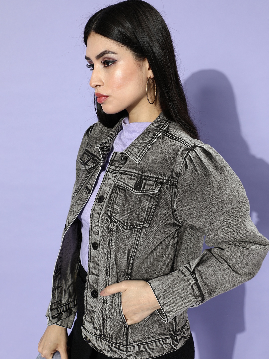 

Roadster Women Grey Solid Denim Trucker Jacket