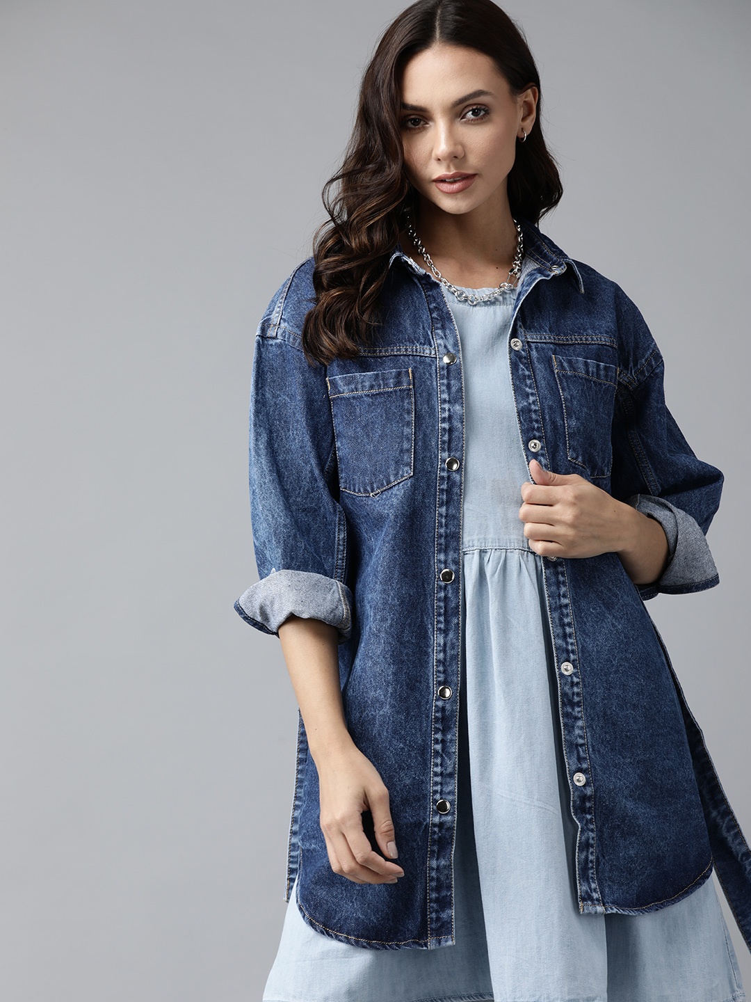 

Roadster Women Blue Solid Longline Denim Shacket