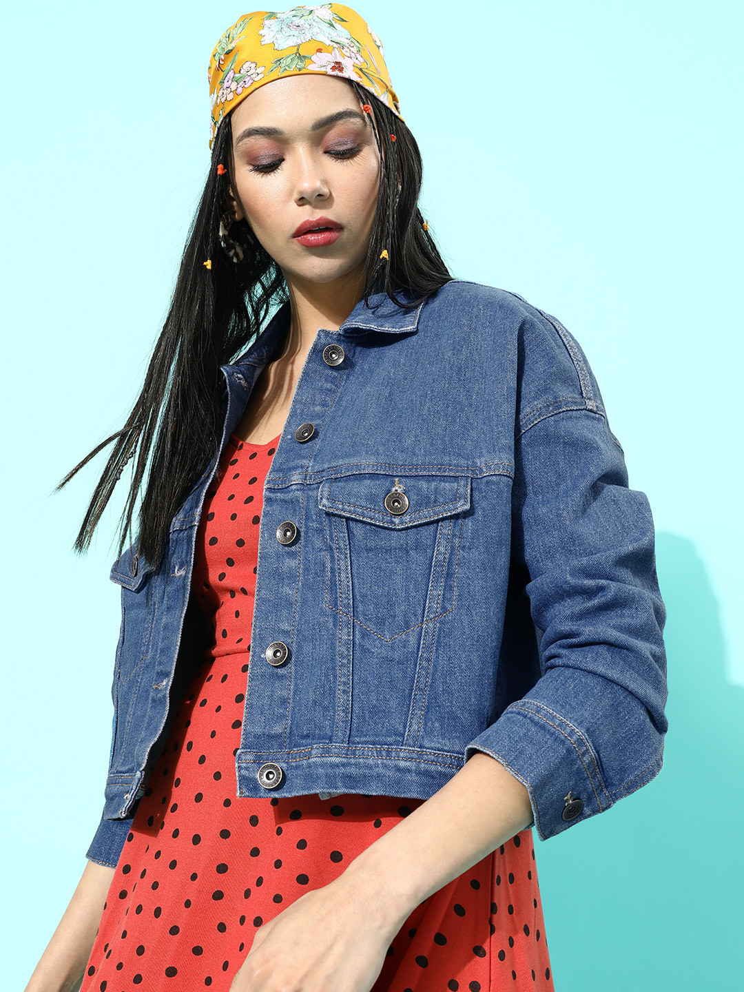 

Roadster Women Stunning Blue Solid Denim Trucker Jacket