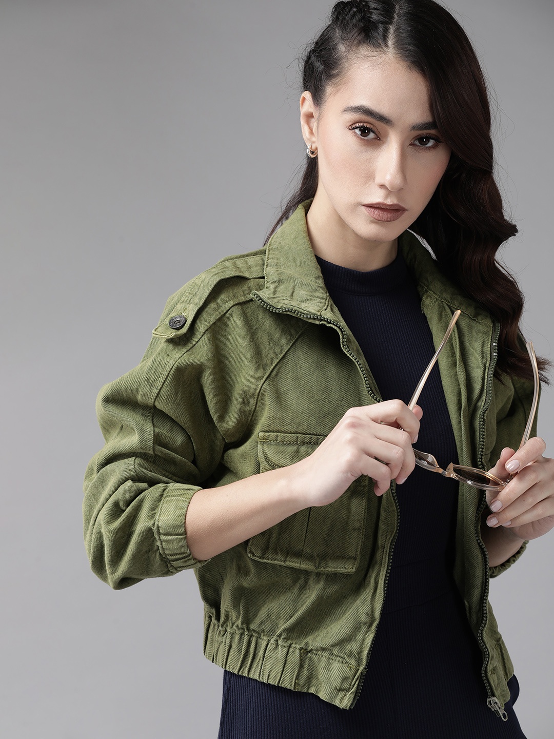 

Roadster Women Olive Green Pure Cotton Bomber Jacket