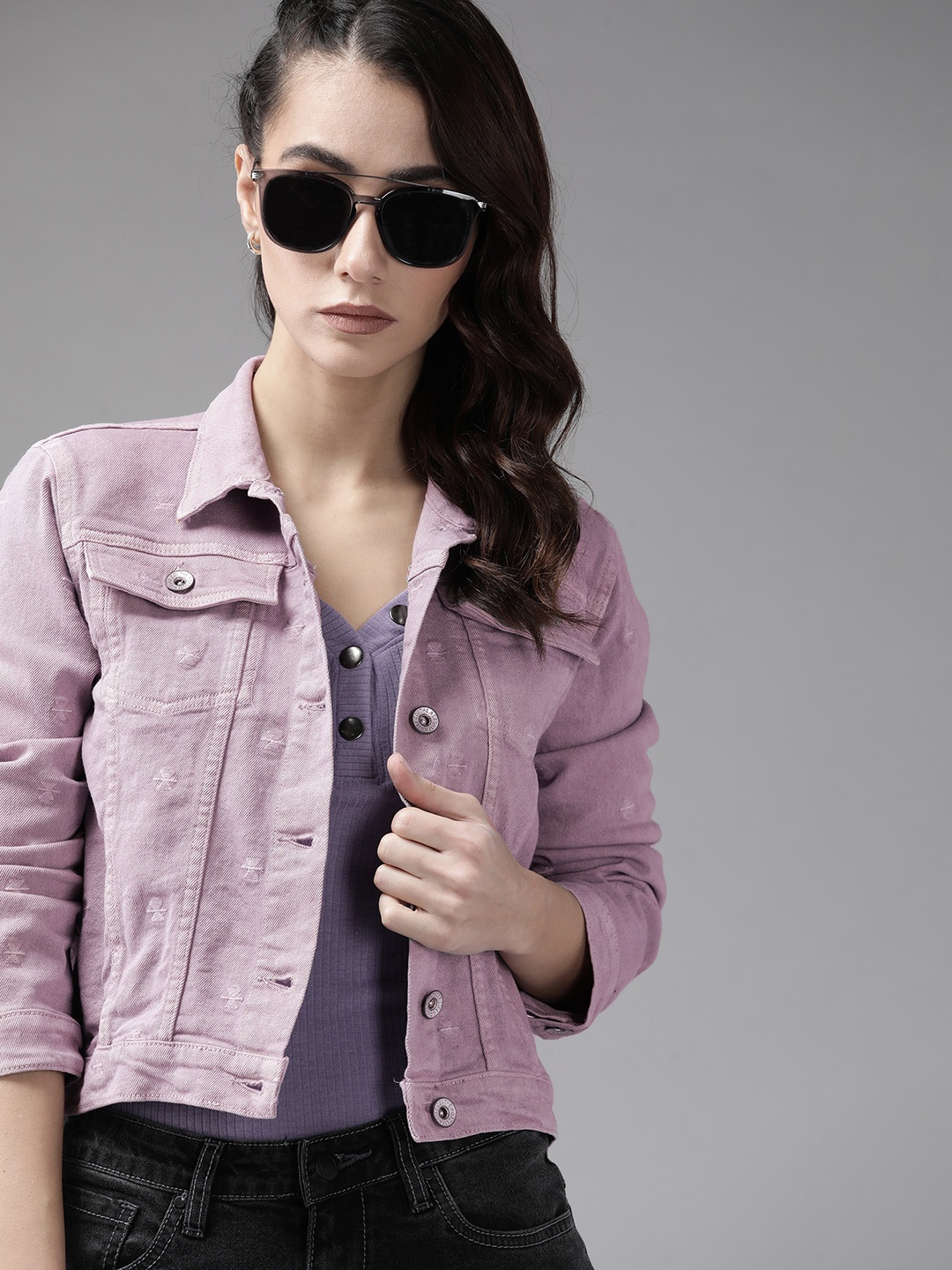 

Roadster Women Mauve Pure Cotton Embroidered Denim Jacket