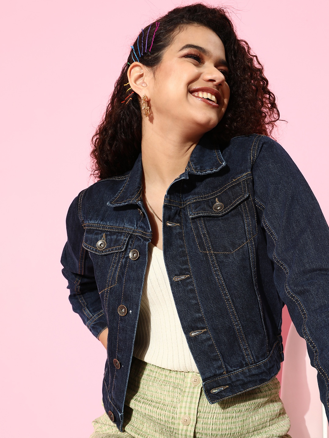 

Roadster Women Blue Solid Crop Denim Jacket