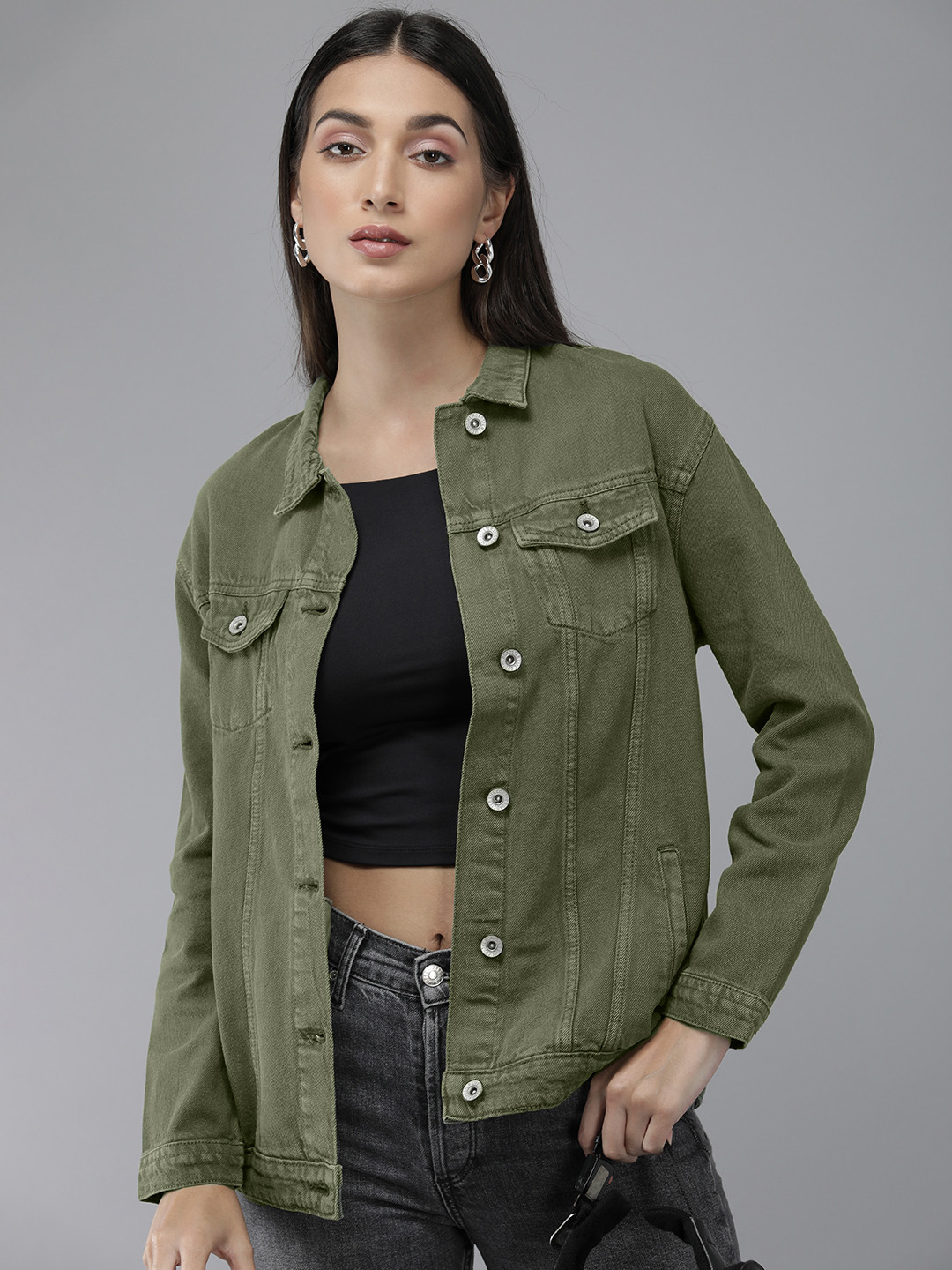 

Roadster Women Olive Green Solid Boyfriend Denim Trucker