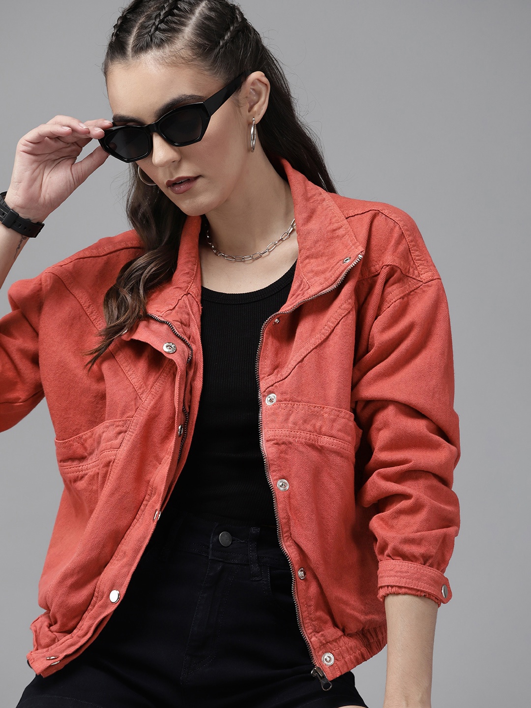 

Roadster Women Brick Red Pure Cotton Solid Denim Bomber Jacket