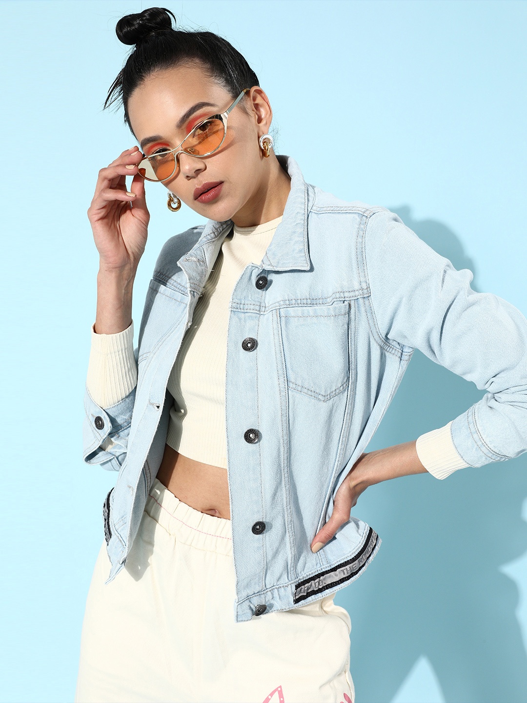 

Roadster Women Alluring Turquoise Blue Solid Trucker Jacket