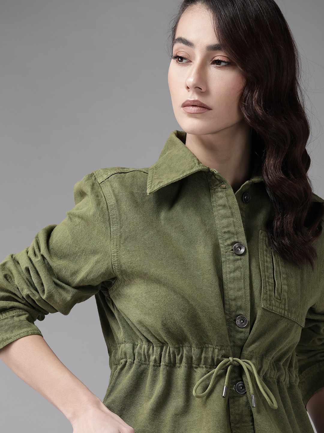 

Roadster Women Olive Green Pure Cotton Solid Denim Jacket with Waist Tie-up