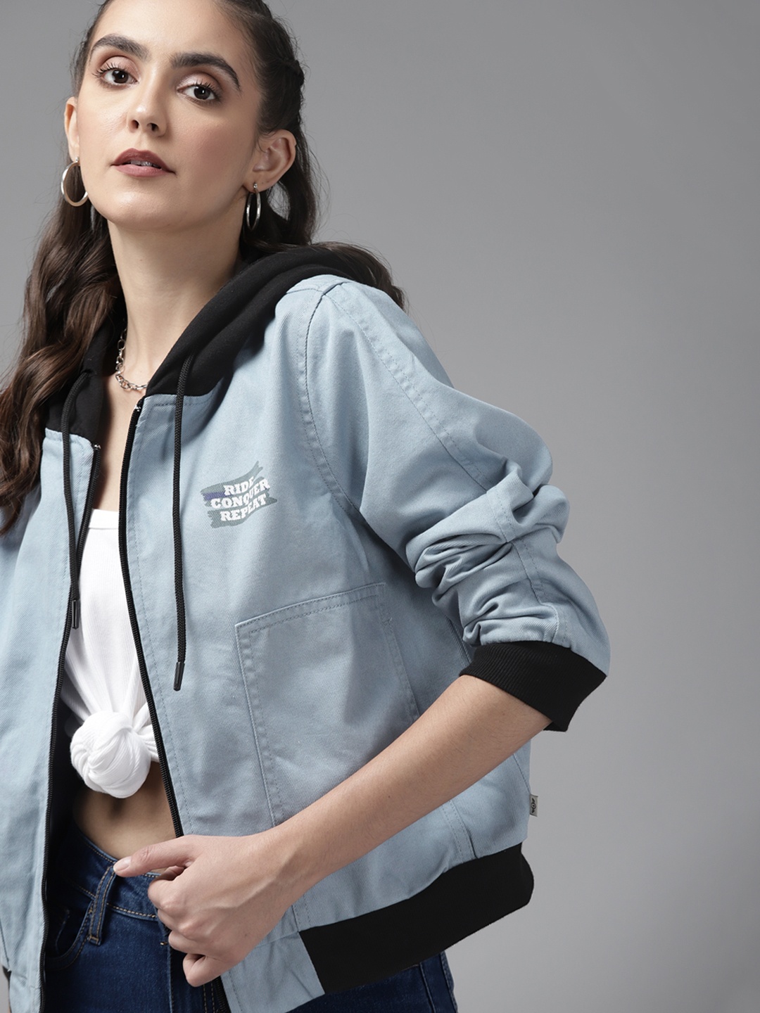 

Roadster Women Blue & Black Hooded Pure Cotton Denim Bomber Jacket