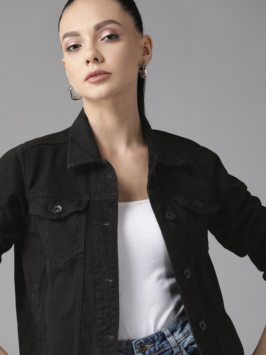 

Roadster Women Black Pure Cotton Solid Denim Jacket