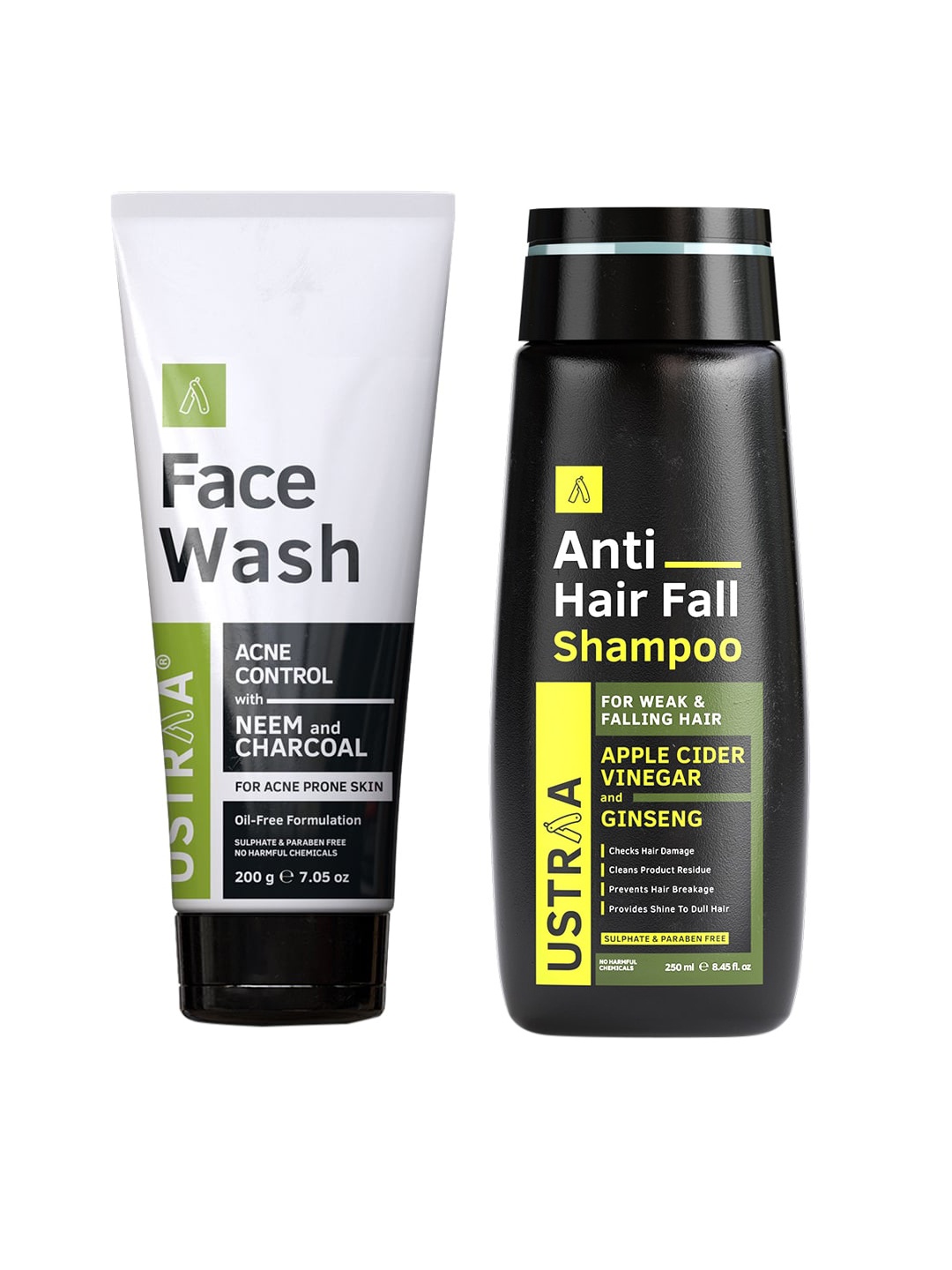

Ustraa Men Set of Neem & Charcoal Face Wash & Apple Cider Vinegar Shampoo, Green