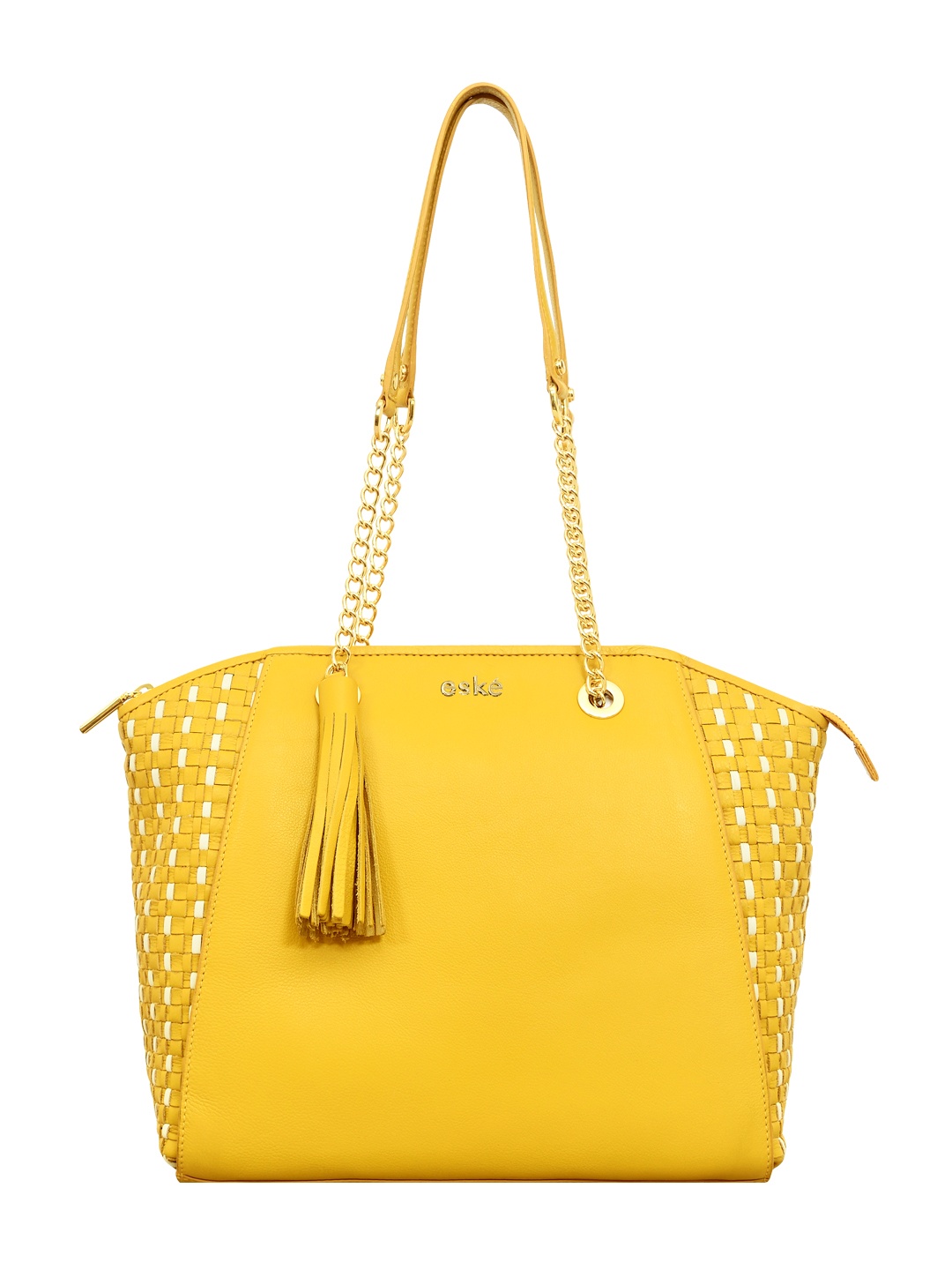 

Eske Yellow Leather Structured Shoulder Bag with Tasselled