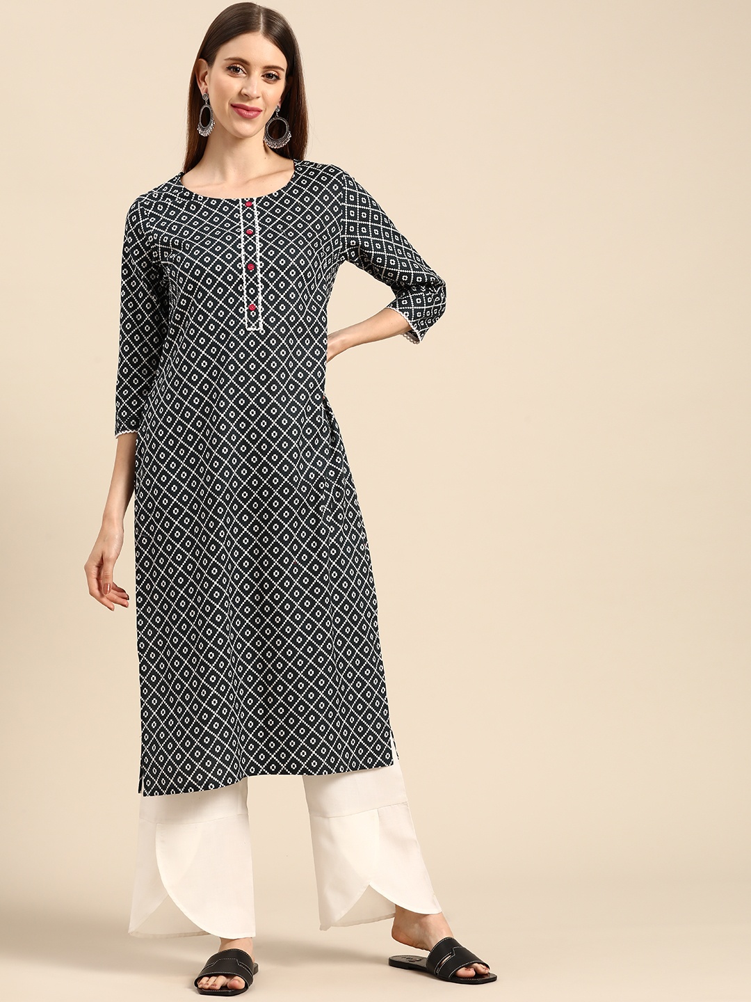 

Anouk Women Navy Blue & White Printed Pure Cotton Kurta with Palazzos, Black