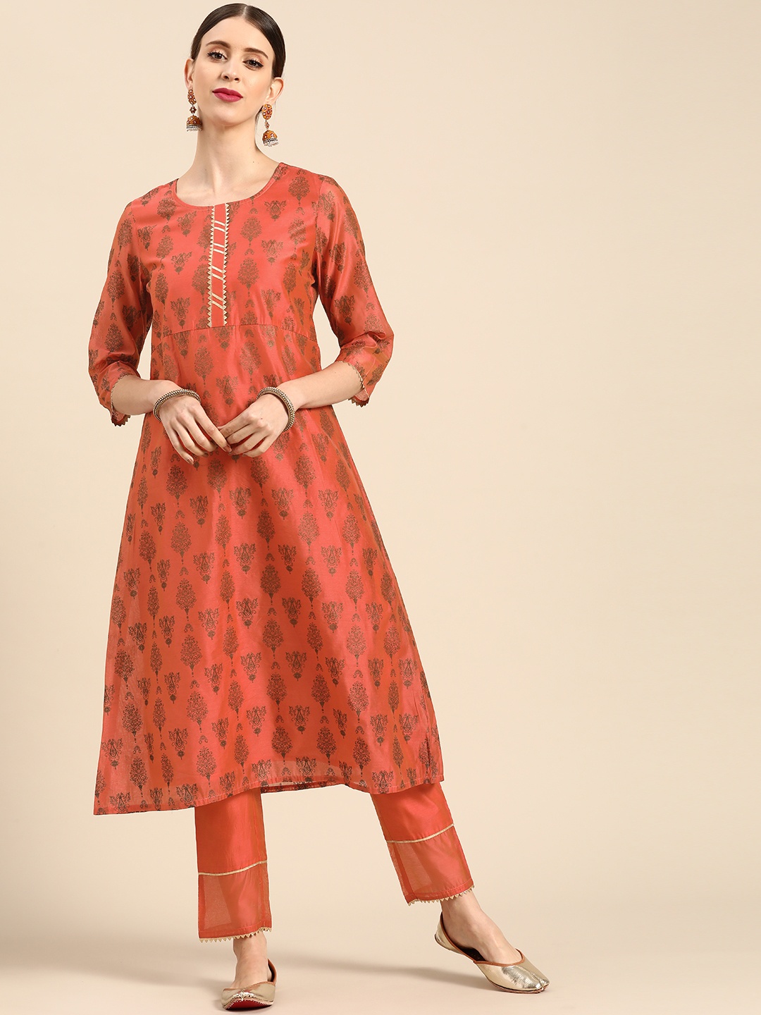 

Anouk Women Orange & Olive Green Printed Gotta Patti Kurta with Trousers