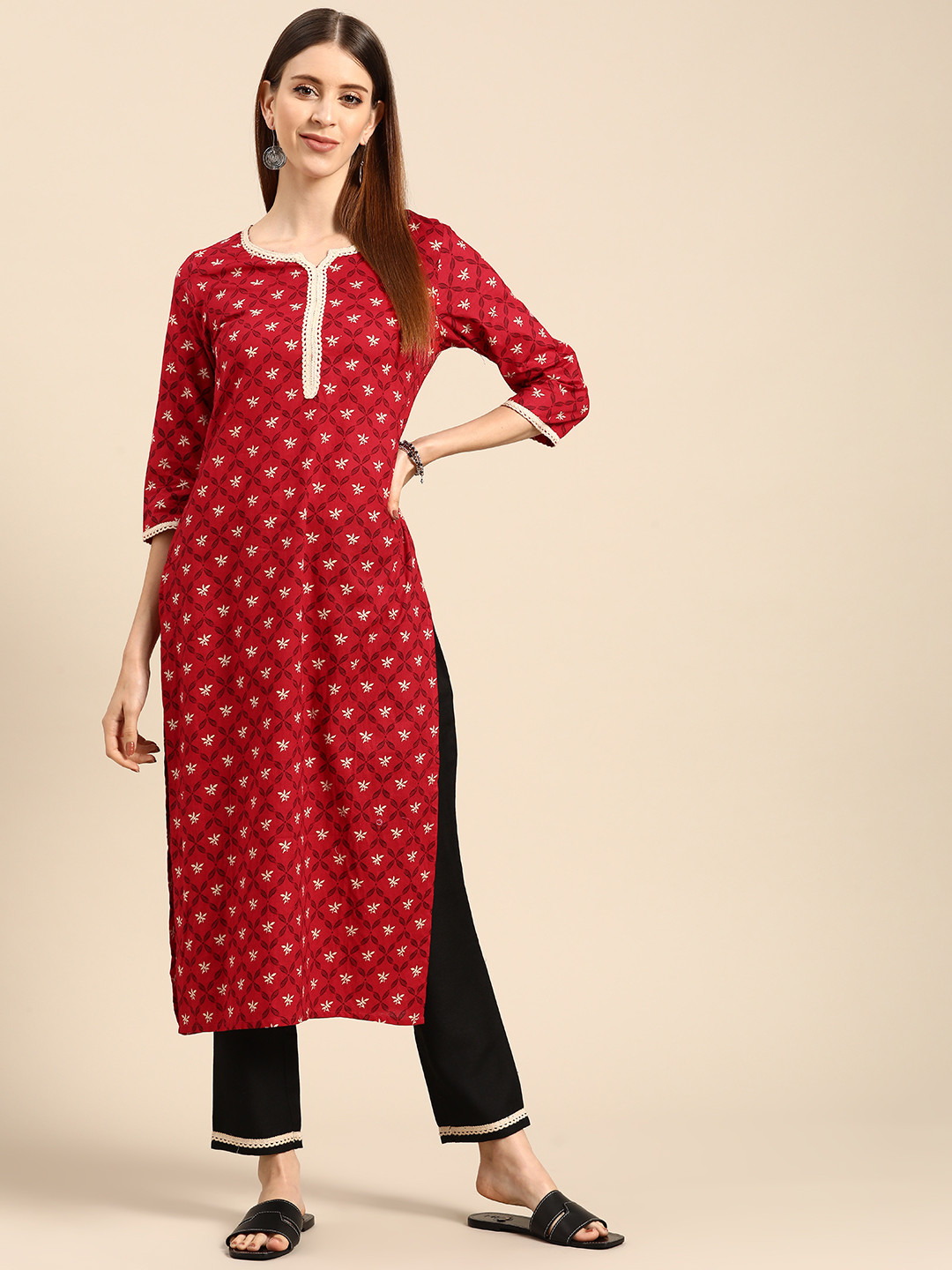 

Anouk Women Red & Black Ethnic Motifs Printed Pure Cotton Kurta with Trousers