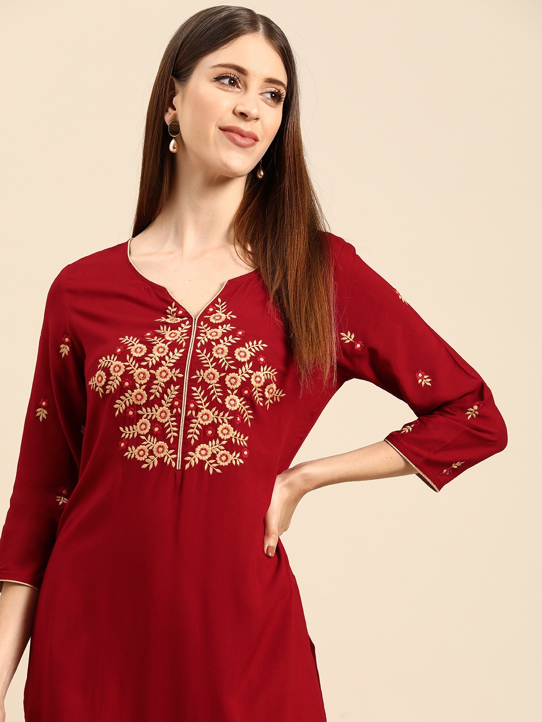 

Anouk Women Maroon & Beige Ethnic Motifs Yoke Design Thread Work Kurta