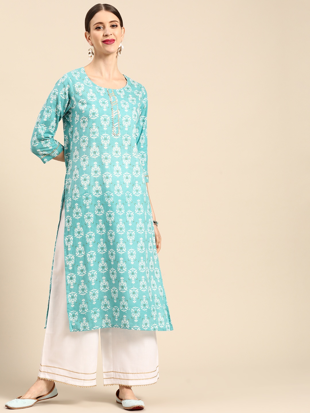 

Anouk Women Blue & White Ethnic Motifs Printed Gotta Patti Pure Cotton Kurta with Palazzos