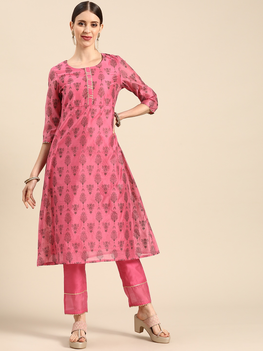 

Anouk Women Pink & Grey Ethnic Motifs Printed Gotta Patti Kurta with Palazzos