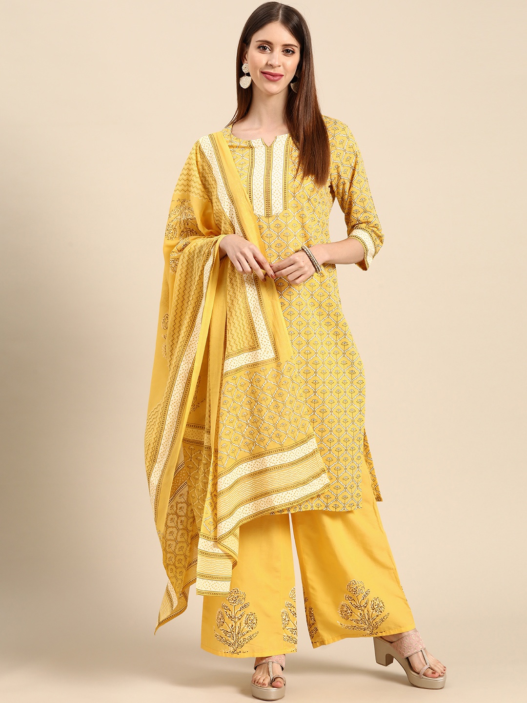 

Anouk Women Yellow & White Printed Pure Cotton Kurta with Palazzos & Dupatta