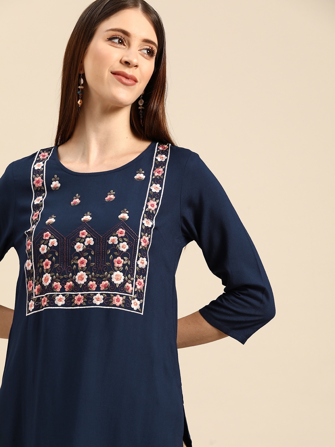 

Anouk Women Navy Blue Floral Yoke Design Thread Work Straight Kurta
