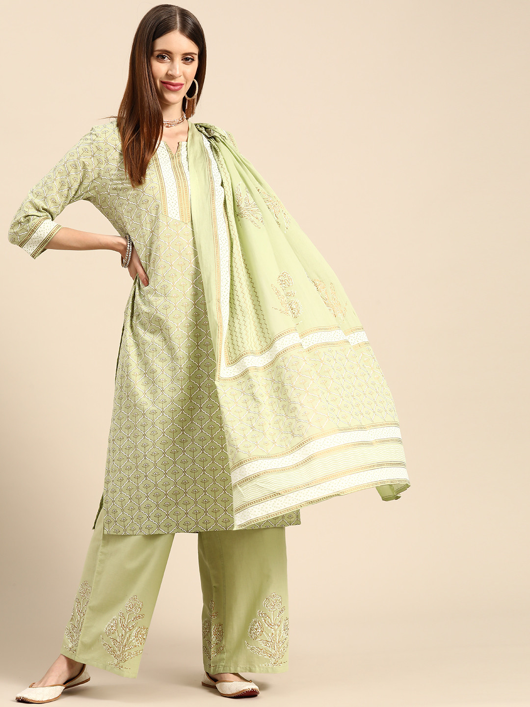 

Anouk Women Green & White Ethnic Motifs Pure Cotton Kurta with Palazzos & Dupatta