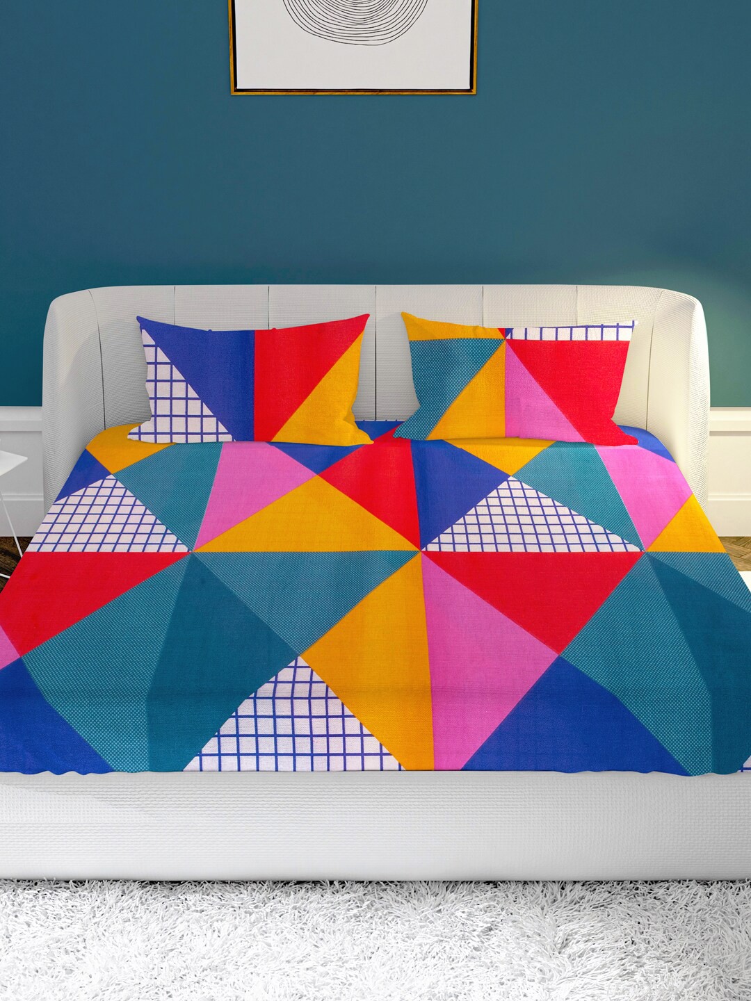 

MAYFAIR HOMES LONDON Blue & Pink Geometric 104 TC Queen Bedsheet with 2 Pillow Covers