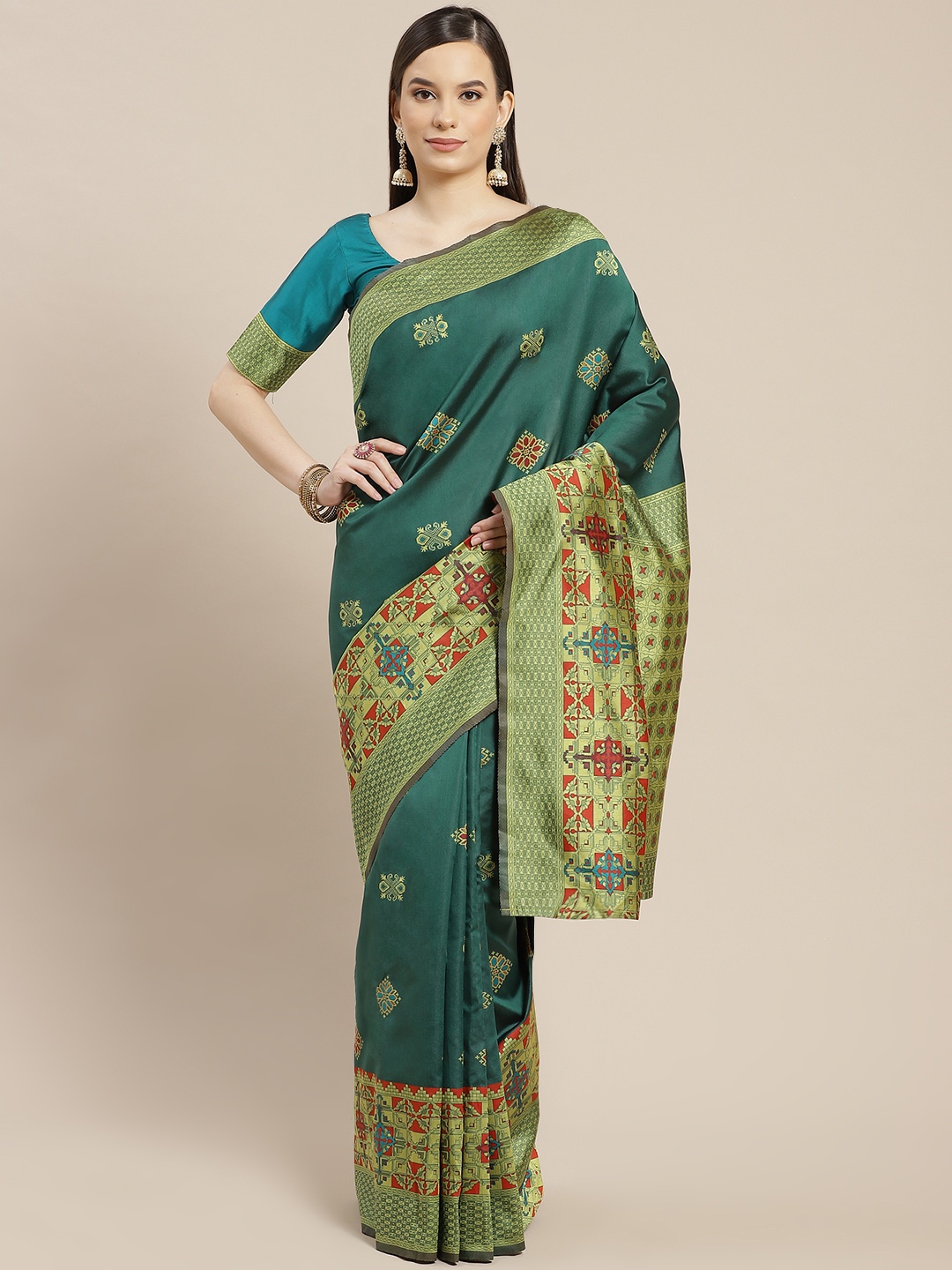 

SHUBHVASTRA Green & Golden Ethnic Motifs Banarasi Saree