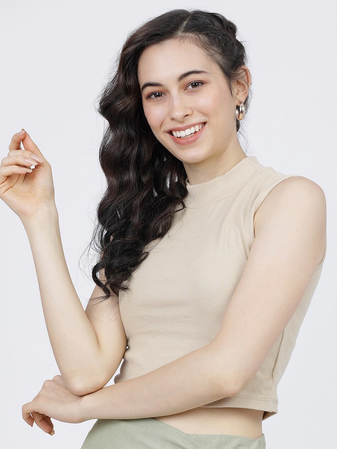 

Tokyo Talkies Women Beige High Neck T-shirt