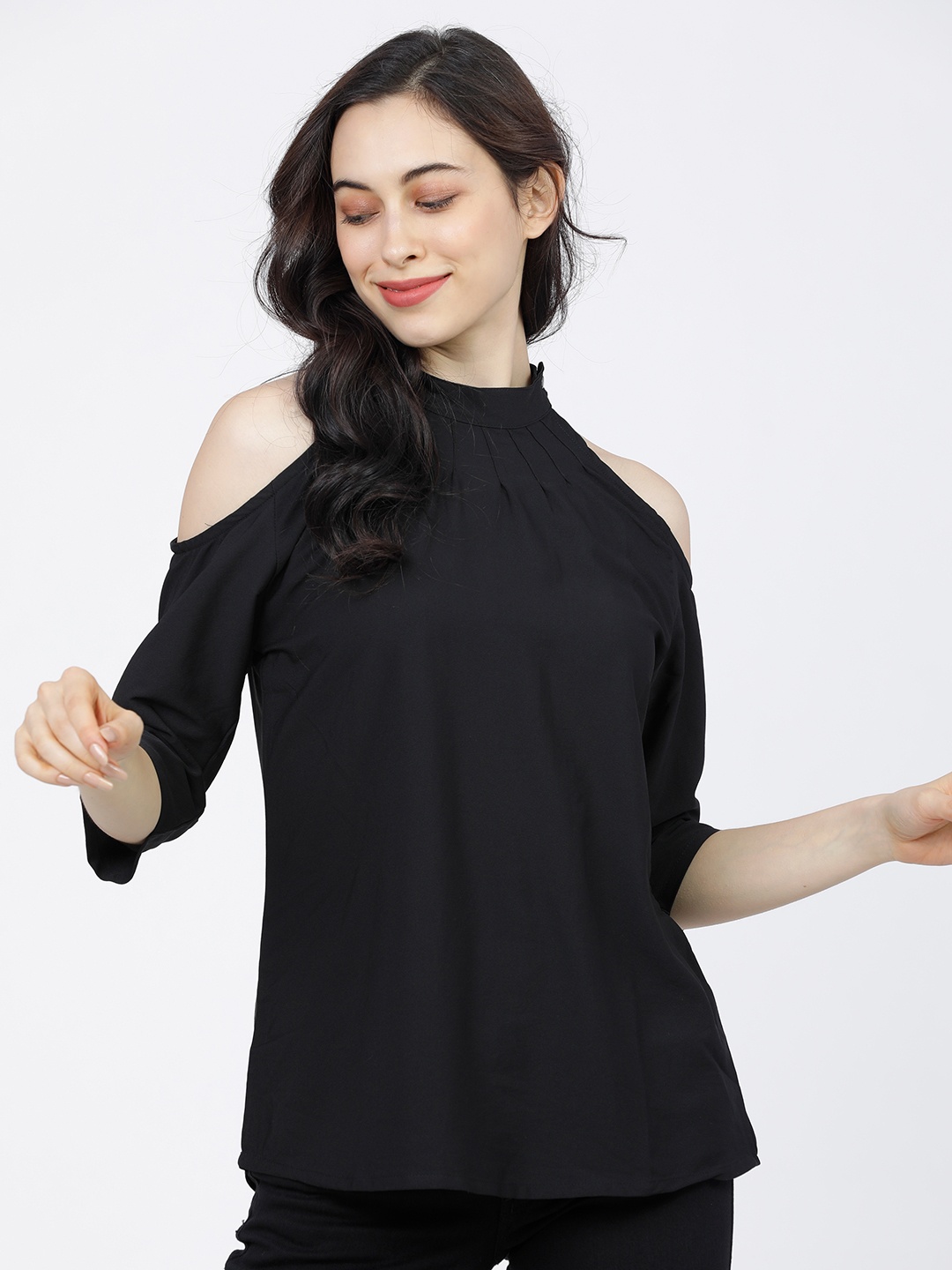

Tokyo Talkies Women Black Solid Cold-Shoulder Top