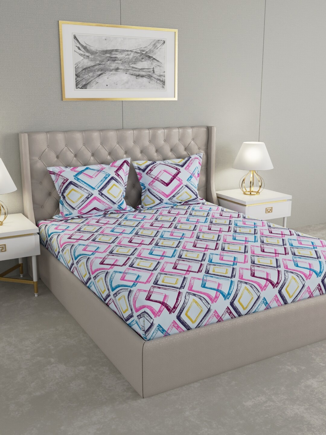 

Raymond Home White & Pink Geometric 120 TC Queen Bedsheet with 2 Pillow Covers