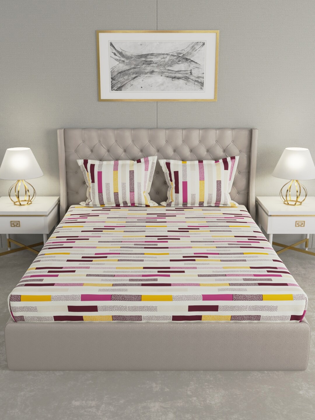 

Raymond Home Off White & Yellow Striped 120 TC Queen Bedsheet with 2 Pillow Covers