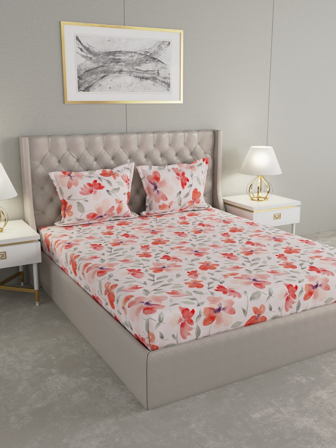 

Raymond Home White & Red Floral 120 TC Queen Bedsheet with 2 Pillow Covers