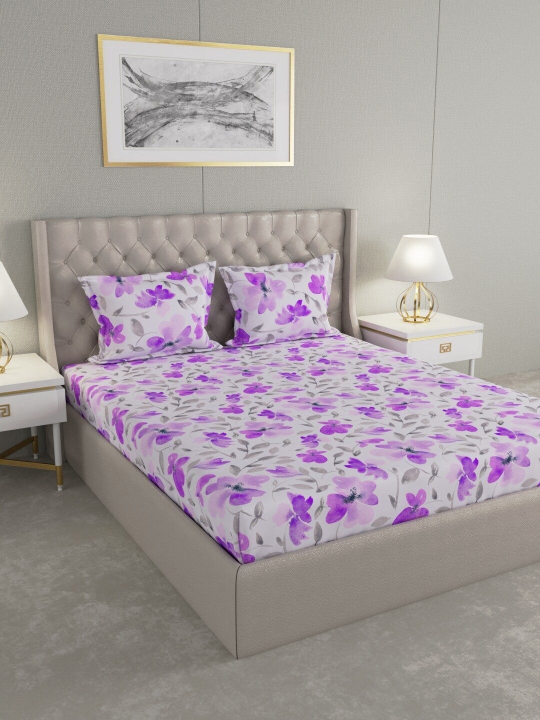 

Raymond Home White & Purple Floral 120 TC Queen Bedsheet with 2 Pillow Covers