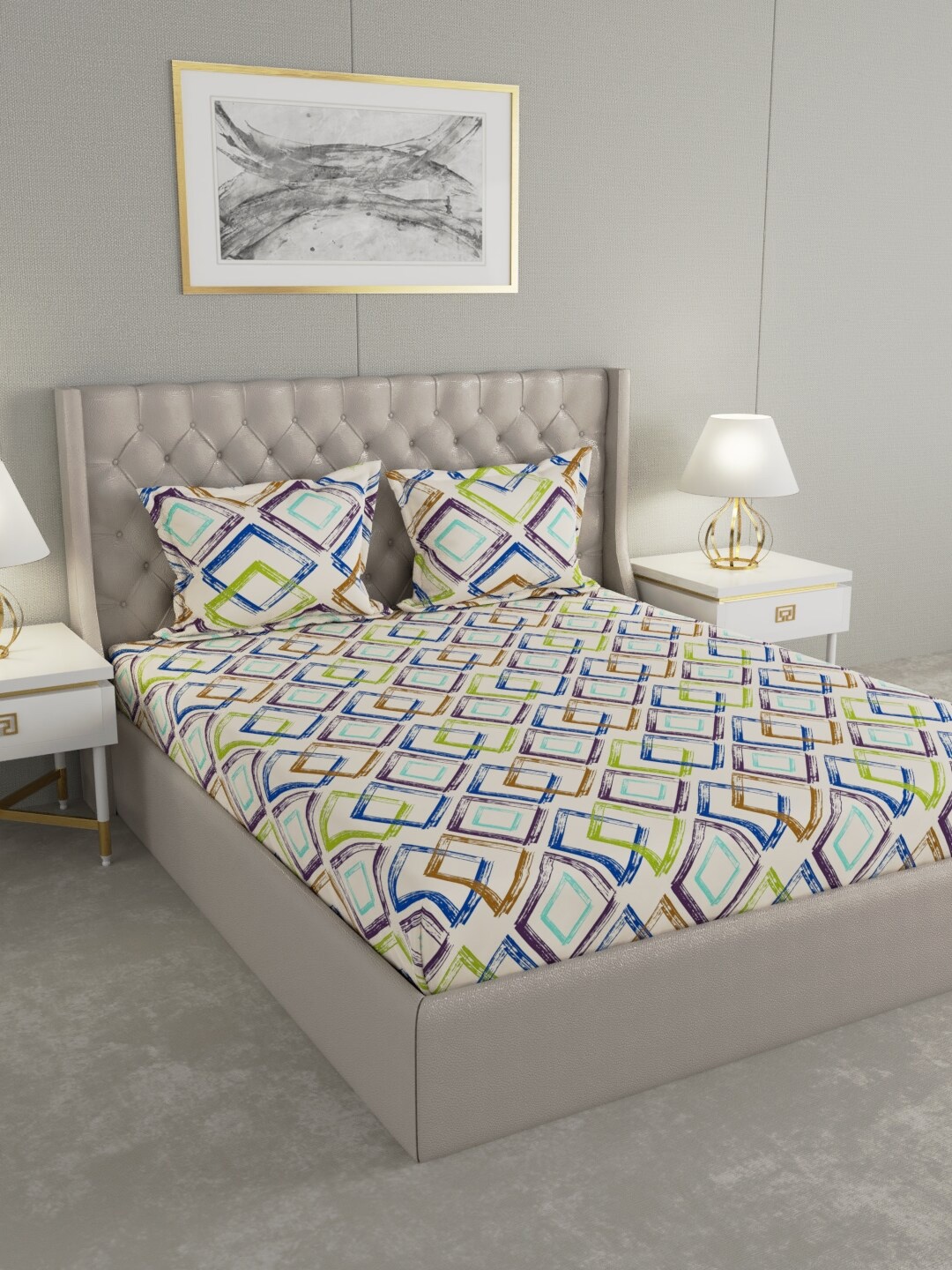 

Raymond Home White & Blue Geometric 120 TC Queen Bedsheet with 2 Pillow Covers