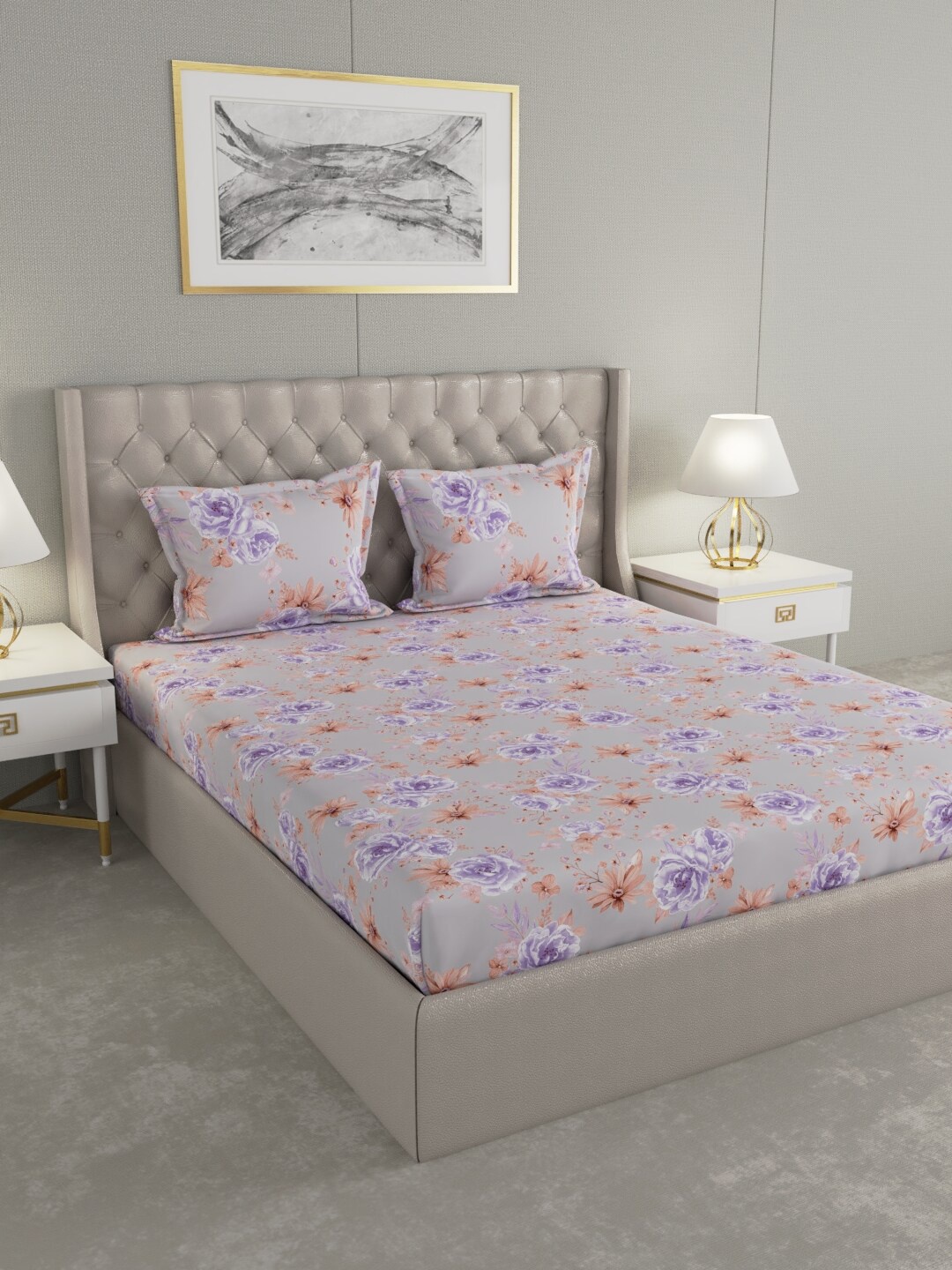 

Raymond Home Grey & Purple Floral 120 TC Queen Bedsheet with 2 Pillow Covers