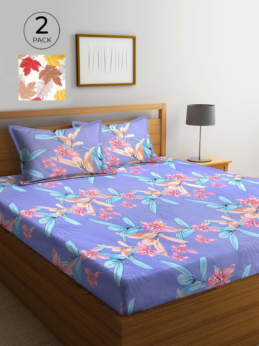 

KLOTTHE Blue & Pink Floral 210 TC 2 King Bedsheet with 4 Pillow Covers