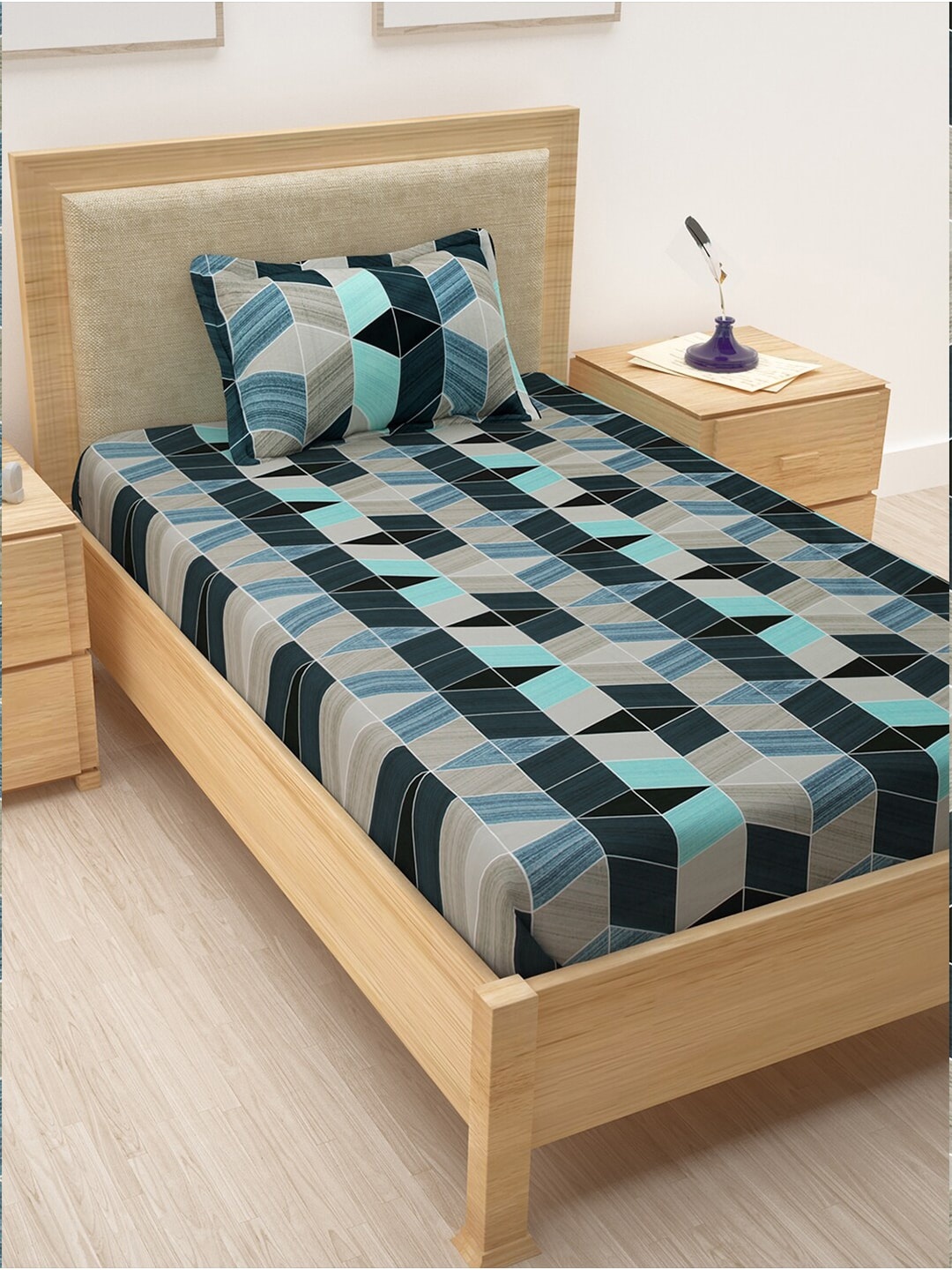 

Story@home Blue & Beige 208 TC Single Bedsheet with 1 Pillow Covers