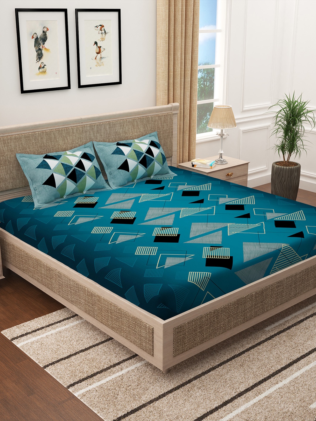 

Story@home Teal & Black Geometric 300 TC King Bedsheet with 2 Pillow Covers